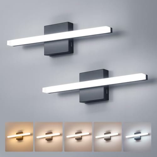 Image of Combuh 2 Pack Modern Bathroom Light Fixtures Above Mirror Small Vanity Lighting Bar 16Inch, 5 Color Adjustable Black Simple Slim Led Wall Sconce IP44 Rustproof Bright 10W 880LM for Bath Restroom