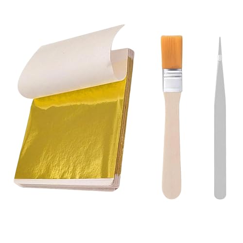 100 Sheets Premium Gold Leaf Kit - Gold Leaf for Cakes Gold Foil Sheets with Brush & Tweezer for Gilding Crafts Furniture Decor and DIY Projects