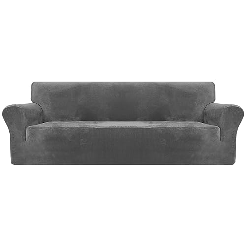 XINEAGE 1 Piece Velvet Couch Covers for 3 Cushion Couch High Stretch Sofa Cover for Pets Dogs Anti Slip Extra Large Sofa Slipcovers Furniture Protector (4 Seater, Grey)