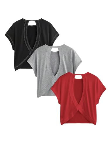 Image of RoseSeek Women's 3 Packs Open Back Tops T Shirt Criss Cross Cut Out Tee Short Sleeve Crewneck Summer Backless Tops