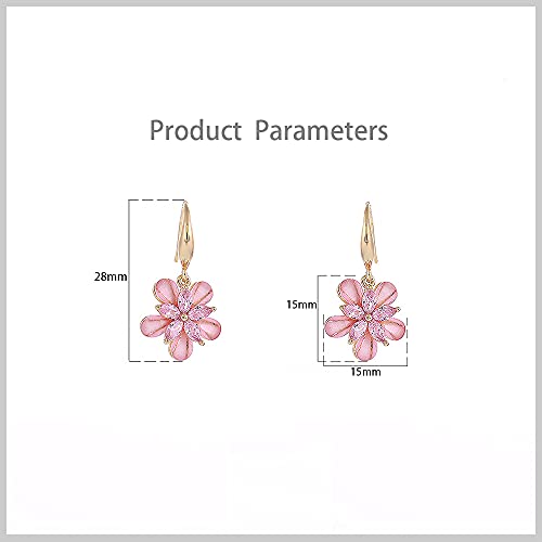 3A Cubic Zirconia Cherry Flower Dangle Earrings For Women Girls Hypoallergenic Retro Charm Crystal Blossom Drop Dangling Hook Stud Vintage Elegant Wedding Birthday Mother's Day Jewelry Dainty Gifts (Gold Plated Pink Cz) #TOP4