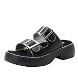 Alegria Women Iza Black Platform Buckle Leather Double Strap Slide 9 M US