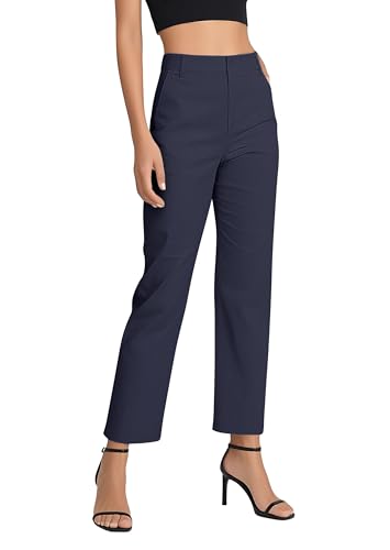 EXCHIC Damen Komfortabel Dehnbar Gerade Bein Freizeit Hosen Hohe Taille Arbeitshose mit Taschen(M, Marineblau)