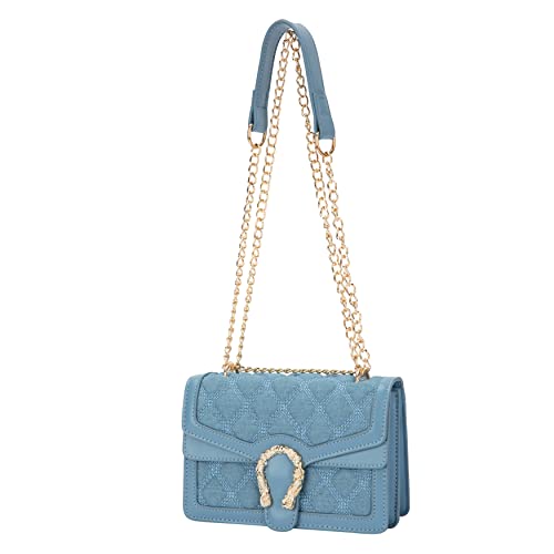 DEEPMEOW Womens Quilted Crossbody Shoulder Purse - Fashion Denim Handbag with Chain Strap Casual Mini Square Messenger Bag（Blue）