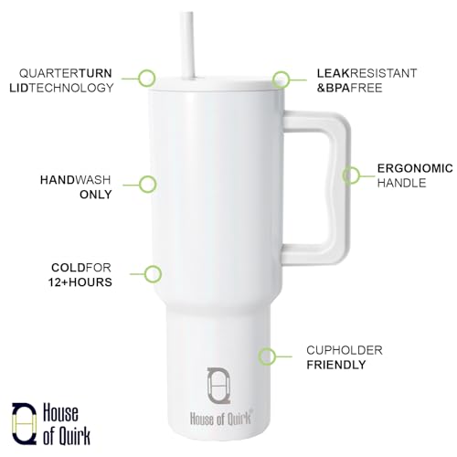 Image of House of Quirk 1200ML Stainless Steel Tumbler with Handle & Lid, 2 Straws - Large Travel Mug Water Cup for Gym, Office & Outdoor Use (Shiny White)