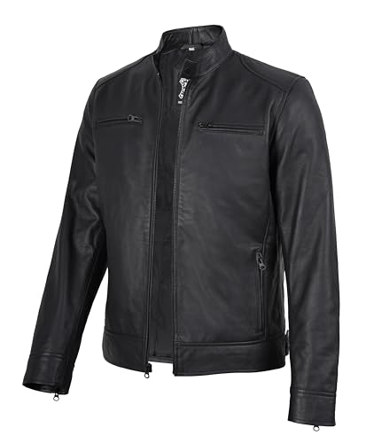 Image of fjackets Mens Leather Jacket - Real Lambskin Cafe Racer Jacket Stand Collar Moto Biker Zip Jacket For Men