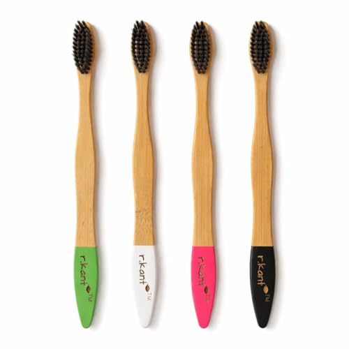 Image of R.Kant Pack of 4 Bamboo Toothbrush for Adults | White, Black, Olive, Pink | Natural & Biodegradable | Soft Bristles for Sensitive Gums | Zero-Waste Eco Toothbrush
