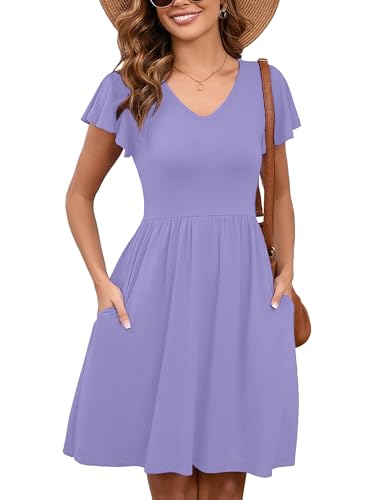 Image of Heymoments Women's Ruffle Sleeve V Neck Swing Sundress Summer Casual A-Line Midi Dress with Pockets S-2XL