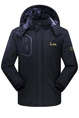 Chaqueta Impermeable para Hombres Lana Súper Fortalecer Espesar Chaqueta de Cálida Chaqueta A Prueba de Viento Retirable Capucha (Negro,2X-Large) Cover