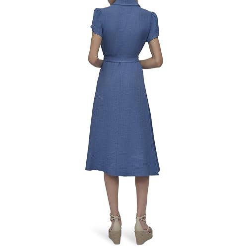 Image of DKNY Women's Short Sleeve Collared V-Neck Tie Waist Midi Dress