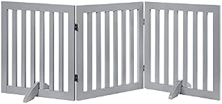 unipaws Wooden Dog Gate, Freestanding Pet Gate, Foldable Pet Fence Indoor Wood Barrier, Free Stair Gate with 2PCS Support Feet (61cm Height, 3 Panels) Light Grey