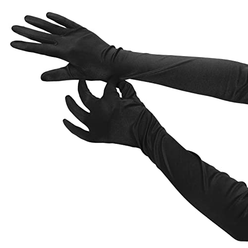 Hequ 2 Pairs Women's Long Satin Gloves, Elbow Length 1920S Opera Party Gloves Adult(M Black) #TOP3