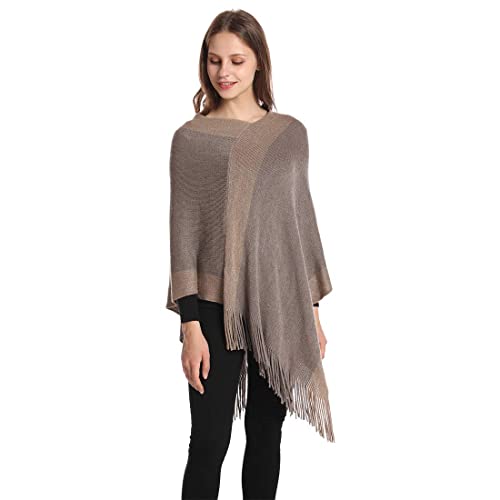Image of Women's Elegant Knitted Shawl Poncho with Fringed V-Neck Striped Sweater Pullover Cape Gifts for Women Mom