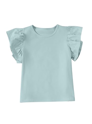 Image of Girls' Summer Shirts Cute Tops Ruffle Sleeve Crew Neck Casual Tees Green 6-7Y