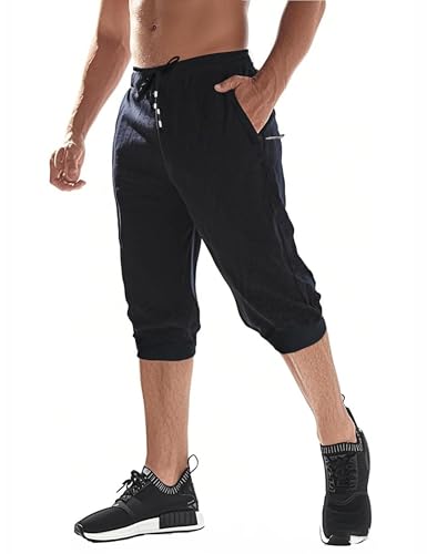 EKLENTSON Capri Pants for Men Workout 3/4 Jogger Pants Training Shorts Below Knee Running Sweatpant with Pocket Black 34