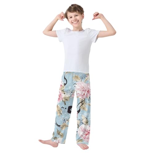 ZZXXB Music Note Peony Flower Boys Long Pants Soft Trousers Elastic Waist Kids Lounge Bottoms with Pockets S-XL3