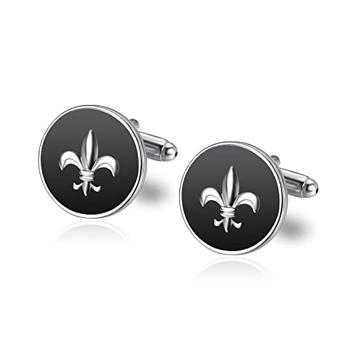 BOBIJOO JEWELRY - Paire Boutons de Manchette Rond Email Noir Argenté Fleur de Lys Royaliste Templier Patriote Cover
