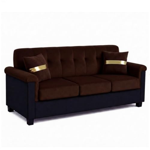 Image of FURNY Woodswave 5 Seater Sofa Set with Velvet Fabric, 3+1+1+2 Puffy Sofa Set for Living Room (Brown-Black) | Durable & Comfortable | Ideal for Living Room