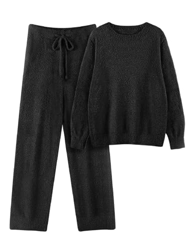 Image of VXVGER Womens Fuzzy Fleece Pajamas Set 2 Piece Cozy Pjs Lounge Set Warm Long Sleeve Knit Pullover Sweater Pants Loungewear