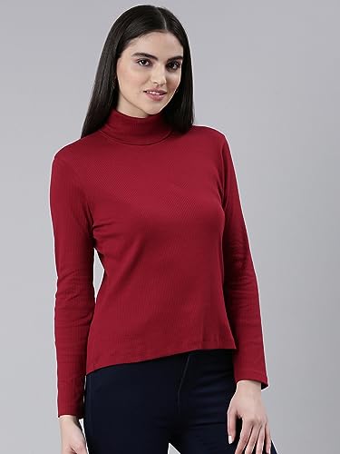 Image of TWIN BIRDS Women Cotton Turtle Neck Ribbed Tee | Full Sleeve Winter Top