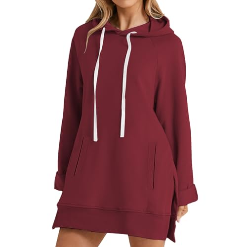 Droeadgor long hoodie Hoodie Dress for Women with Pocket Casual Warmy Hoodies Women's Pullover Split Hem Drawstring Long Sweatshirts Wine XXL