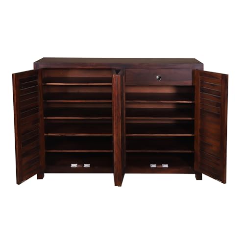 Image of Solid Sheesham Wood Shoe Rack Wooden with 4 Doors & Drawer | Multipurpose Shoe Rack Stand Storage Cabinet Organizer for Home, Office, Entryway, Hallway & Living Room, Bedroom | Walnut Finish