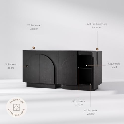 Image of Nathan James Iris Mid-Century Modern Credenza, Black TV Stand, Living Room Wood Storage Cabinet with Arched Cabinet Doors, Black Credenza Cabinet for Kitchen or Living Room, Black Oak, Set of 2