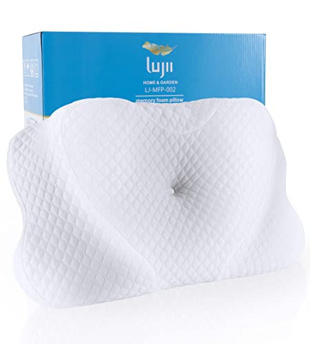 LUJII Oreiller Cervical pour Soulager la Douleur au Cou, pour Dormir sur Le Dos, Côté ou Ventre, Noyau en Mousse Mémoire Forme Charbon Bambou, Taie d'oreiller Douce pour la Peau, Taille Queen, Blanc