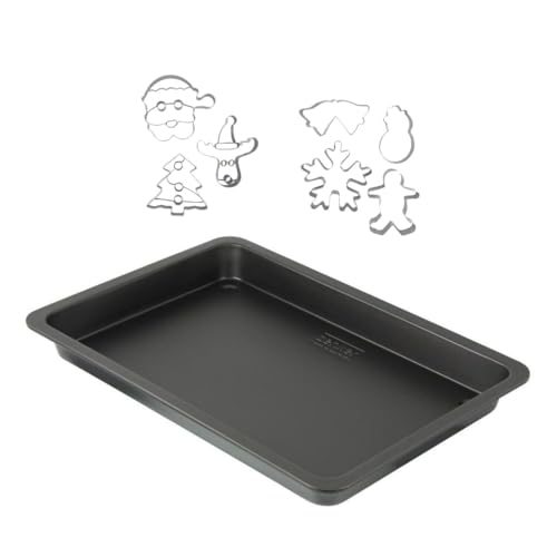 Zenker 9940250 Plaque de cuisson rectangulaire et 7 emporte-pièces de Noël, plaque four et emporte pieces inox, plaque patisserie pour biscuits, Acier, 42 x...