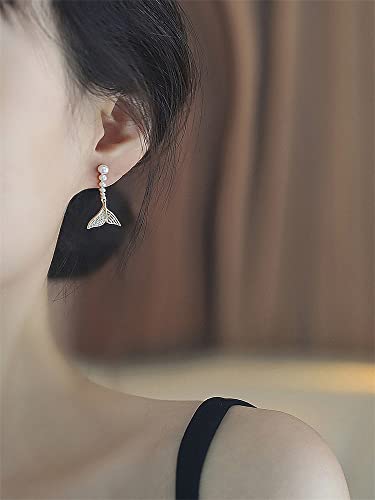 Pearl Mermaid Tail Dangle Stud Earrings for Women Girls 925 Sterling Silver Cubic Zirconia Shell Pearls Drop Ocean Fishtail Charms Dangling Dainty Cute Christmas Birthday Valentines Jewelry Gifts3