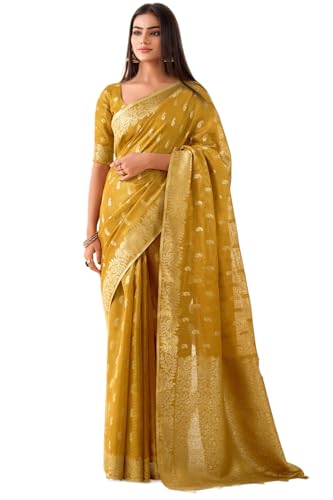 Image of SWORNOF Gold-Toned Woven Design Silk Zari Tissue Saree | Saree for Women | Soft and Skin Friendly