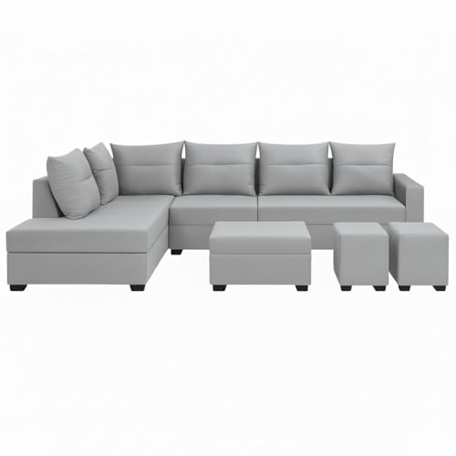 Image of SOCOZI Oriana 8 Seater LHS L Shape Sofa Set | Velvet Suede Fabric L Shape Sofa for Livingroom with 2 Ottoman & Centre Table (Light Grey)