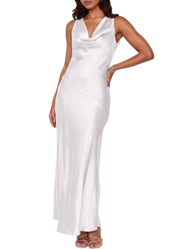 Image of KOUNAI Satin Backless Formal Maxi Dresses for Women Wedding Guest | Silk,Cowl Neck,Drape Neck,Open Back,Sleeveless,Tie Back,Elegant,Cocktail,Bridesmaid,Beach,Vacation,Party,Graduation,Midi