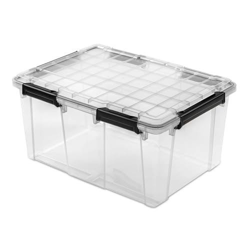 Large gasket storage box, 80-quart clear plastic bin with waterproof lid and gasket seal, equipped with durable latches, stackable weatherproof storage box, suitable for garage, basement, or workshop