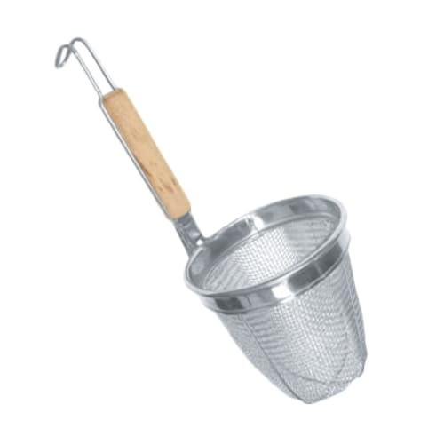 FSE SLNS002 Noodle Skimmer, 5-1/2" x 5-1/2", mesh Wire, Built-in Hook Hanger, Round Wood Handle, Stainless Steel