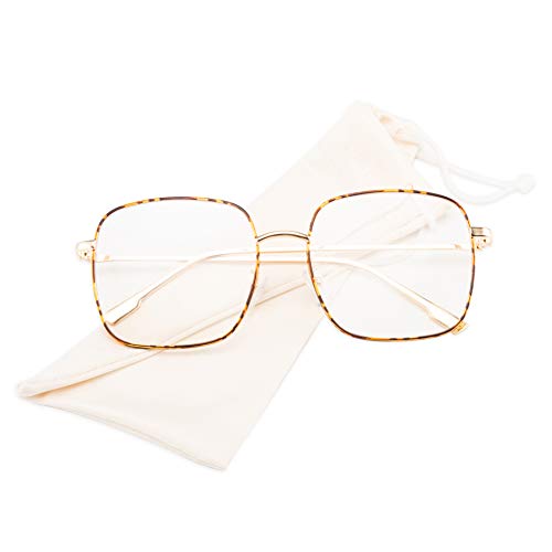 RTBOFY Blue Light Blocking Glasses Women Square Nerd Computer Glasses Oversized Eyeglasses Metal Frame Men (Leopard)