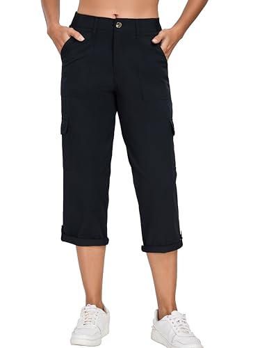 Oalka Women's Cargo Capri Pants Relaxed Fit Knit...