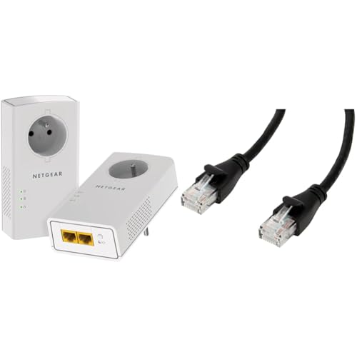 NETGEAR PLP2000-100FRS Pack de 2 Prises CPL 2000 Mbps avec Prise filtrée et 2 Ports Ethernet & Amazon Basics Câble réseau Ethernet RJ45 catégorie 6-3 m