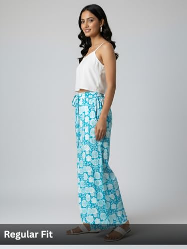 Image of GRECIILOOKS Boho Printed Wide Leg Palazzo Pants for Women, Flowing High Waist Rayon Trousers for Beach, Vacation, Lounge, and Summer Style