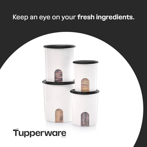 Image of Tupperware One Touch Reminder Canisters 4 Canister Food Storage Set in White & Black, Dishwasher Safe and BPA Free, (4 Containers, 4 Lids)