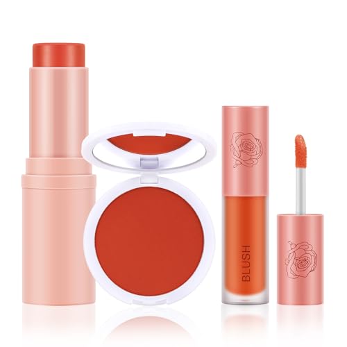 Boobeen Kit de 3 Coloretes, Colorete en Polvo, Colorete en Barra y Colorete Líquido, Maquillaje Facial Multiusos de Larga Duración, Difuminable, Mate y Brillante para Todos los Tonos de Piel
