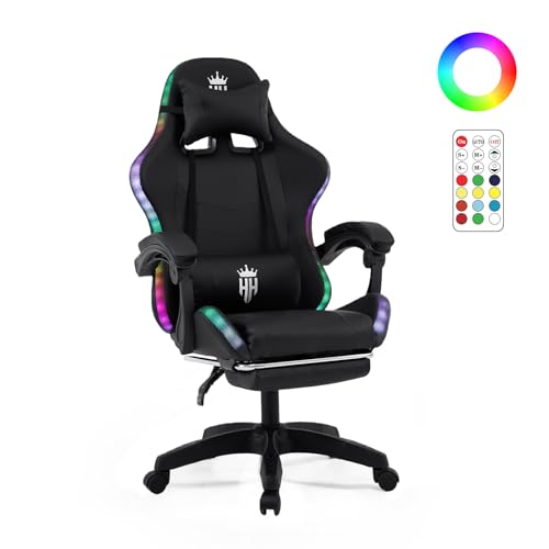 RGB Gaming Chair with Footrest Computer Gaming Chair with LED Lights for Adults Reclining Gamer Chair with Adjustable Headrest Lumbar Support and Linkage Armrests for Home Office Gaming Room