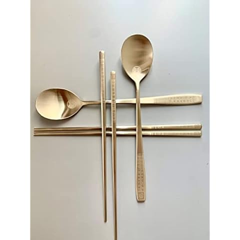 cozymomdeco Gift Box Edition Korean Made Chopsticks & Spoon Set with Korean Letter Hangul Engraved Gold Color 18-10 Stainless Steel (2) Cover