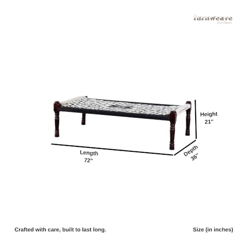 Image of Solid Sheesham Wood Charpai Khat | Handcrafted Daybed Khatiya Charpai with Cotton Rope | Traditional Khat Bed Wooden Diwan Cot for Living Room | 6X3 Feet | Black and White