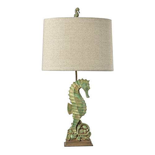 MISC 31 Green Seahorse Lamp Glam Sea Horse Light Coastal Design Nautical Lighting Tropical Decor Cottage Lodge Vacation Home Summer Indoor, Polyresin Fabric