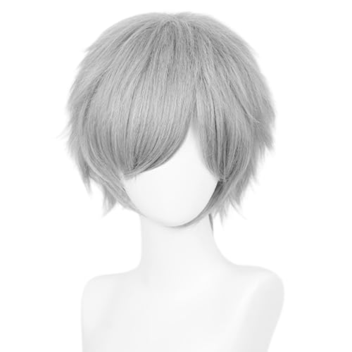 Image of LABEAUTE Short Grey Wig Male Men, Anime Fluffy Golden Cosplay Wigs With Bangs Unisex Heat Resistant Hair for Party Halloween + Free Cap