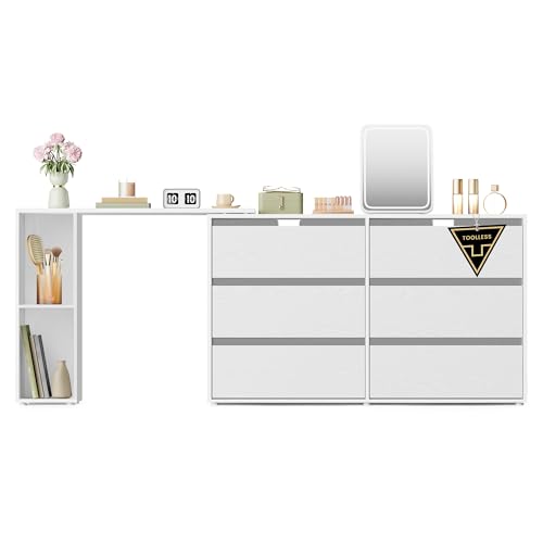 SONGMICS HOME Tocador, Montaje Rápido sin Herramientas, Cómoda, Aparador, Escritorio con Estante, Lado a Lado o en Forma de L, para Dormitorio, Estudio, Tecnología Toolless, Blanco Nieve LTS656W01