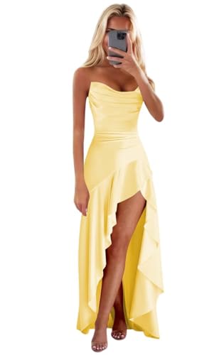 RSOETOO Satin Ruffles Prom Dresses for Teens with Slit Strapless Hi-Low Mermaid Cocktail Dresses for Women RO009X