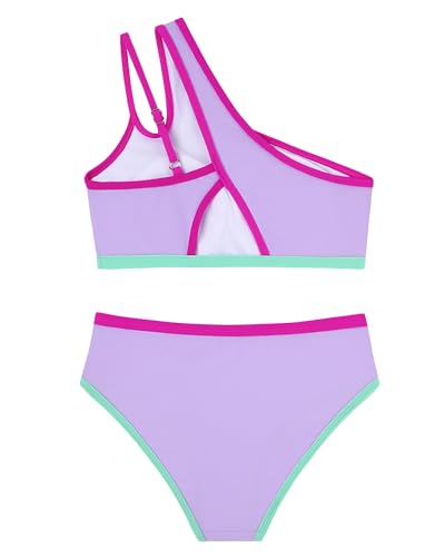 Image of Redair Girls Swimsuit Two Piece One Shoulder Bathing Suit with Chest Pad Color Block Bikini 7-16 Years
