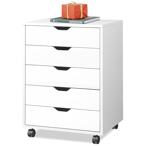 DEVAISE 5-Drawer Chest, Wood Storage file Cabinet with Wheels, White Cover